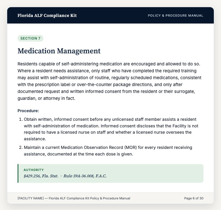 Sample page from the Florida Policy & Procedure Manual, Section 7 Medication Management, showing the Rule 59A-36.008 citation in the margin